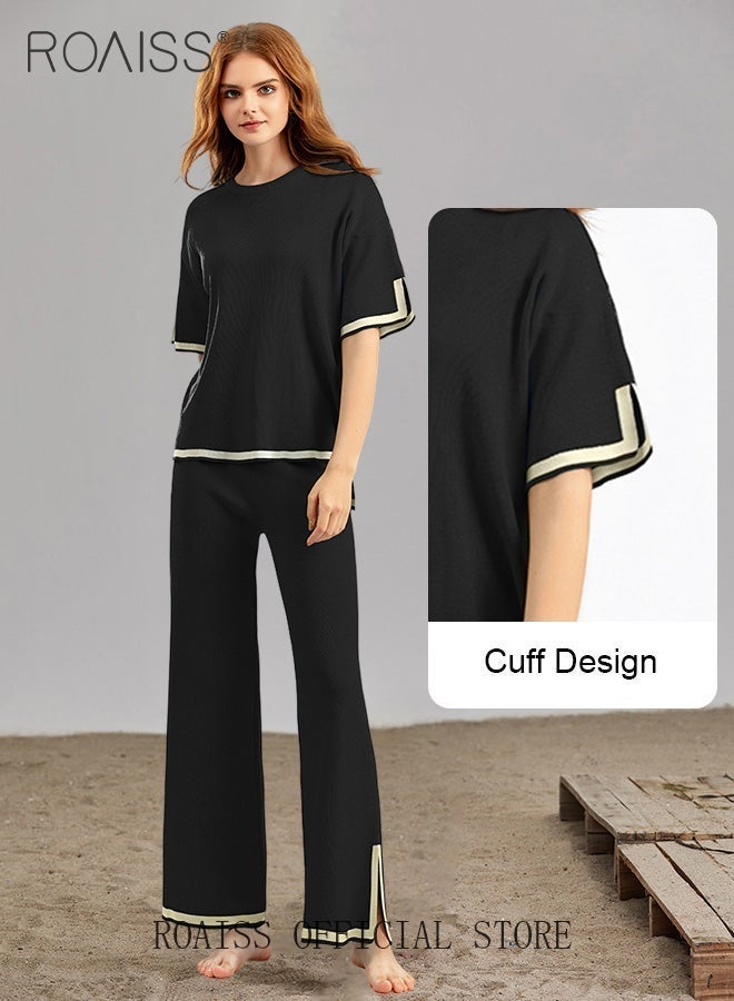 رويس ملابس نسائية من قطعتين، بدلة محبوكة كبيرة الحجم مع بلوزة قصيرة الأكمام وسروال واسع، طقم مريح للسيدات، مناسب للارتداء اليومي أو في المنزل أو في أي مناسبة غير رسمية - Image 5